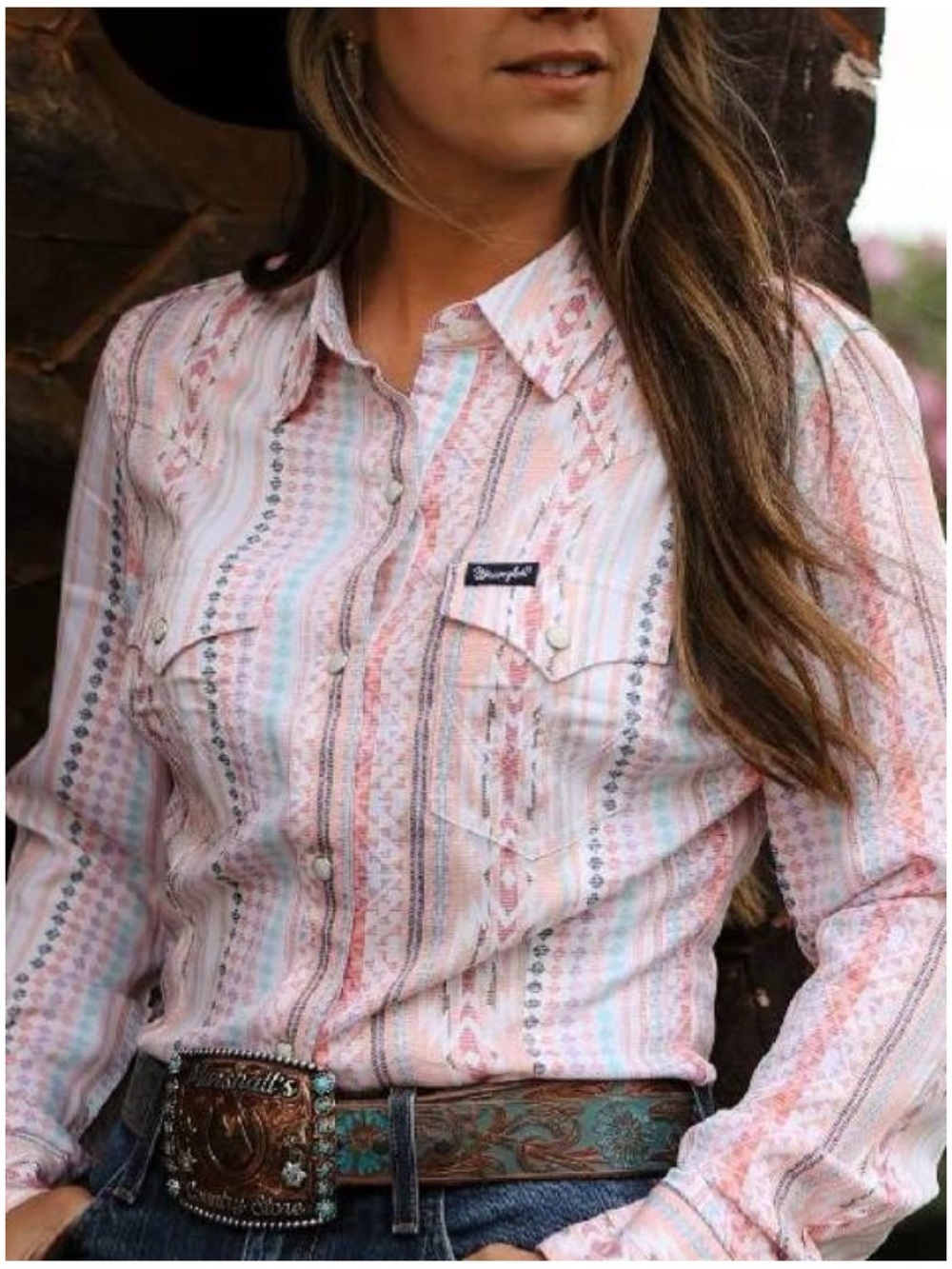 Wrangler Retro Sz L NWT Pink Western Shirt Pearl Snap Southwestern Print